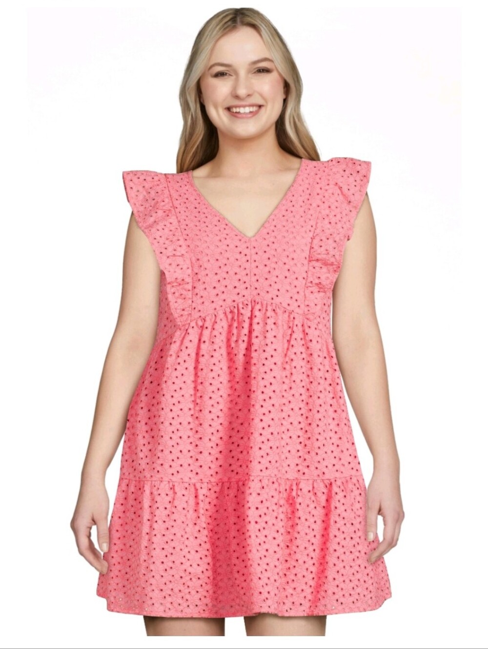 Time and Tru Pink Eyelet Flutter Sleeve Tiered Mini Dress XXL 20